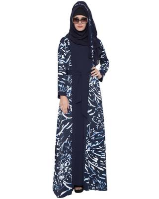 Whimsical Attached Shrug Abaya In Double Layer-Navy Blue-White 2