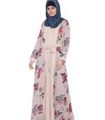 Whimsical Attached Shrug Abaya In Double Layer-Light Beige Print