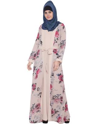 Whimsical Attached Shrug Abaya In Double Layer-Light Beige Print 2
