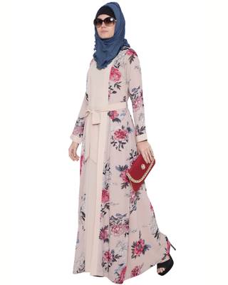 Whimsical Attached Shrug Abaya In Double Layer-Light Beige Print 3