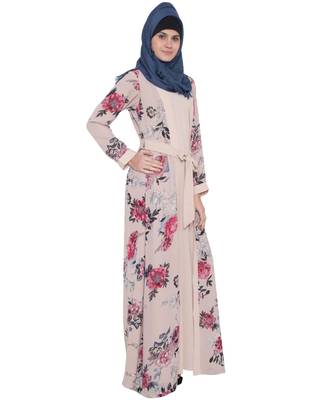 Whimsical Attached Shrug Abaya In Double Layer-Light Beige Print 4
