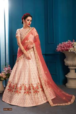 Mesmerizing Peach Colored Resham And Zari Embroidered with stone work Satin fabric lehenga choli for bride 1