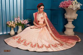 Mesmerizing Peach Colored Resham And Zari Embroidered with stone work Satin fabric lehenga choli for bride 3