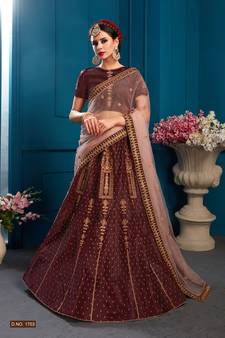 Brown Gilter Sequins Embroidered Satin Semi Stitched bridal lehenga
