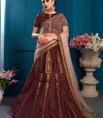 Delightful Brown Gilter Sequins Embroidered Satin Semi Stitched Bridal Lehenga