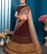 Bewitching Brown Embroidered Satin Semi Stitched Bridal Lehenga