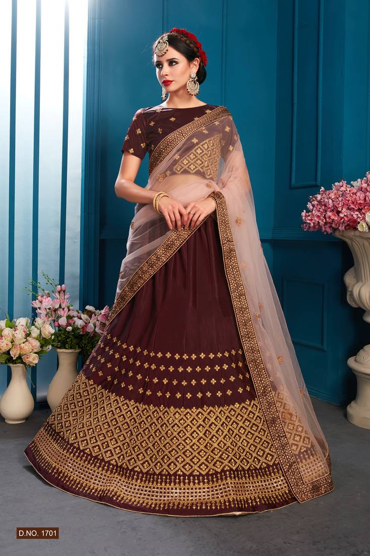 Brown Embroidered Satin Semi Stitched Bridal lehenga