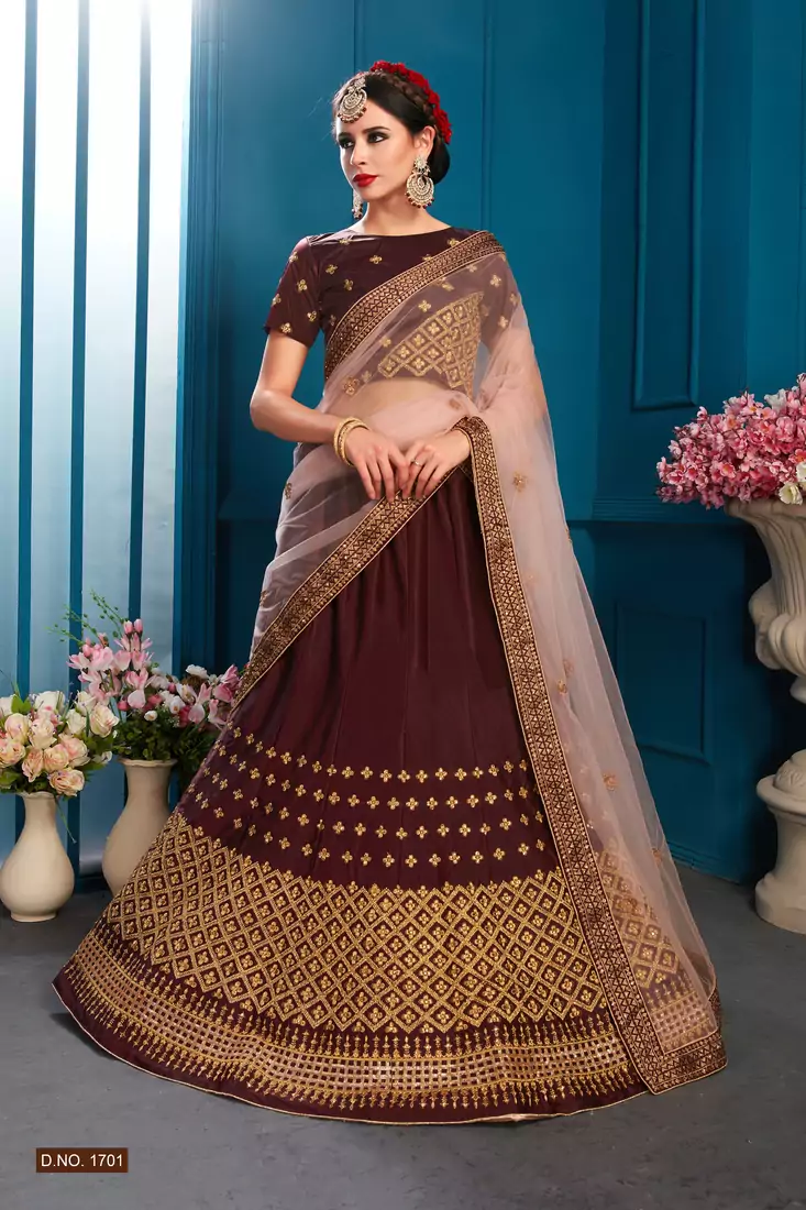 Brown Embroidered Satin Semi Stitched Bridal lehenga