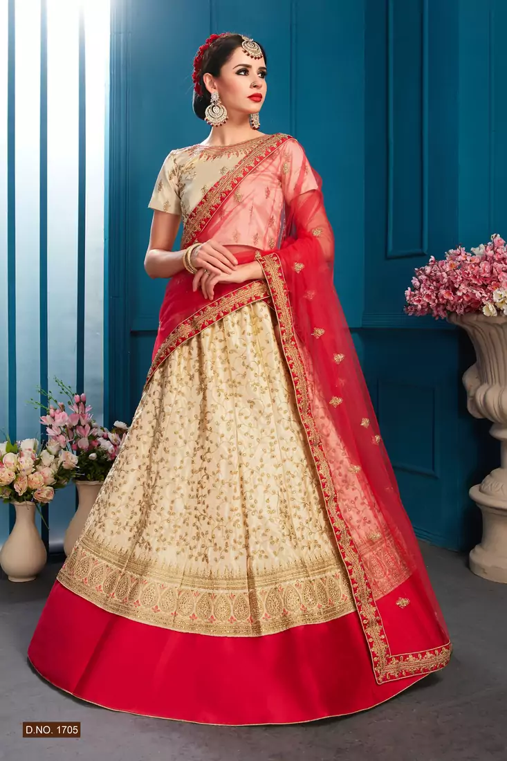 Beige Embroidered Satin Semi Stitched bridal lehenga