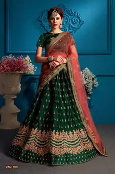 Green Embroidered Satin Semi Stitched bridal lehenga