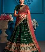 glamourous Green Embroidered Satin Semi Stitched Bridal Lehenga