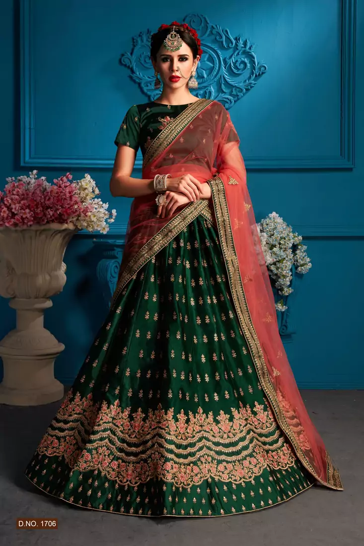 Green Embroidered Satin Semi Stitched bridal lehenga