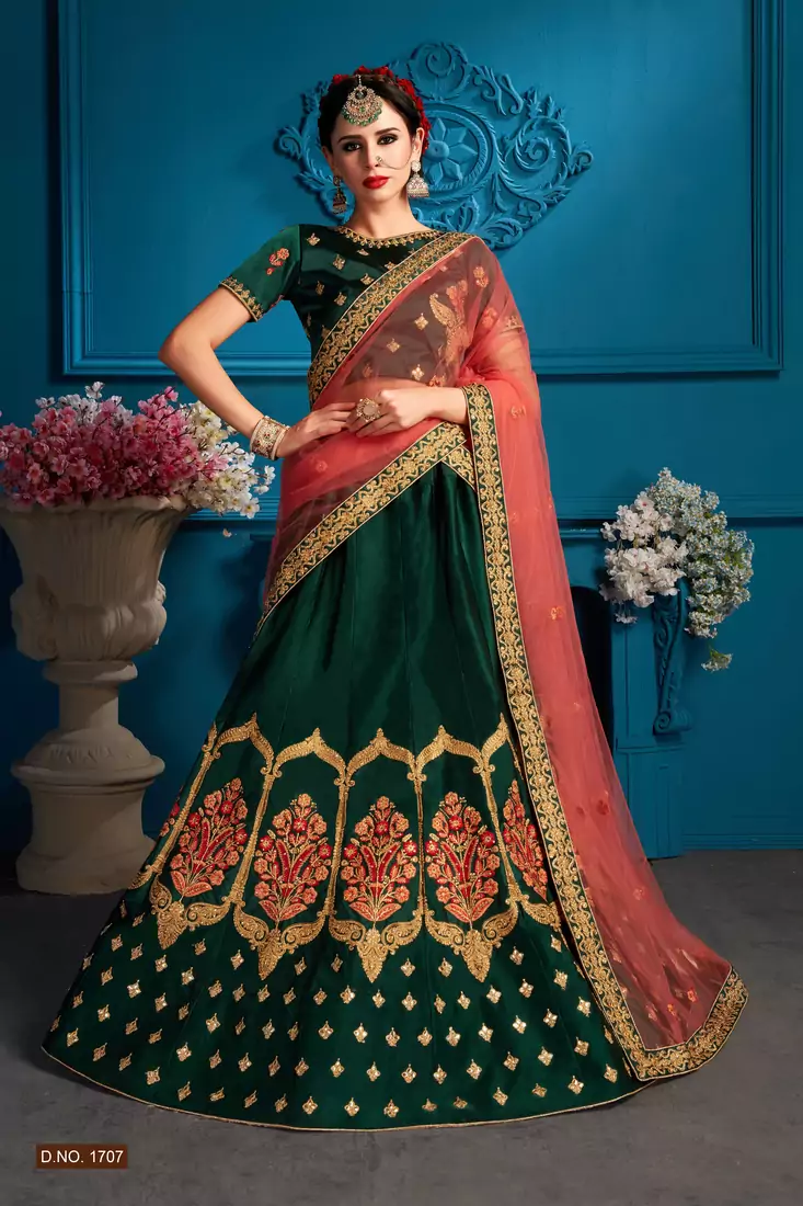Green Resham And Zari Embroidered Satin Semi Stitched bridal lehenga