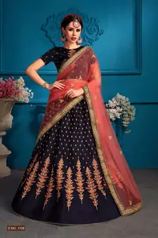 Navy Blue Resham And Gilter Sequins Embroidered Satin Semi Stitched bridal lehenga