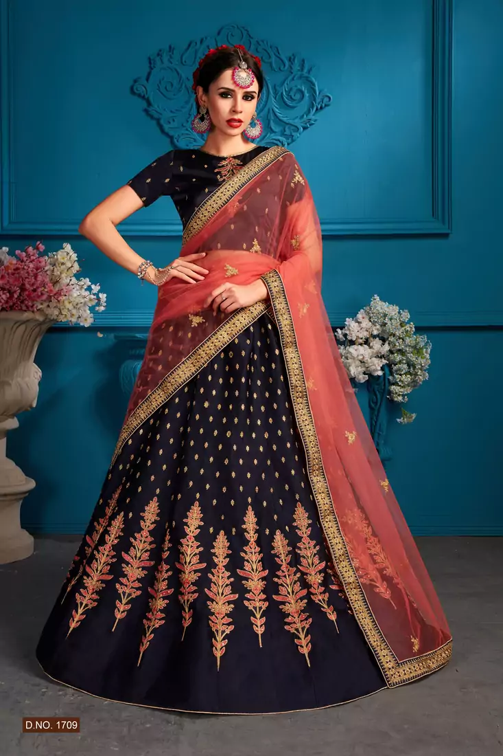 Navy Blue Resham And Gilter Sequins Embroidered Satin Semi Stitched bridal lehenga