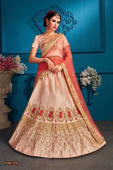 Peach Embroidered Satin Semi Stitched bridal lehenga