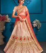 Charming Peach Embroidered Satin Semi Stitched Bridal Lehenga