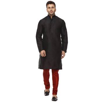 Black Plain Raw Silk Kurta Pajama 1