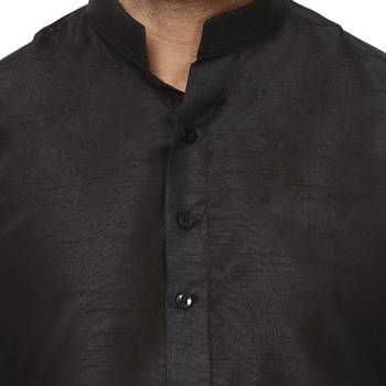Black Plain Raw Silk Kurta Pajama 5