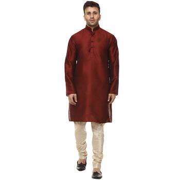 Maroon plain raw silk kurta pajama 1