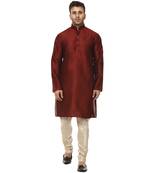 Maroon plain raw silk kurta pajama