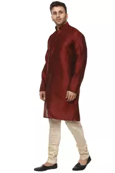 Maroon plain raw silk kurta pajama