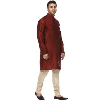 Maroon plain raw silk kurta pajama 3