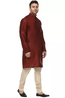 Maroon plain raw silk kurta pajama