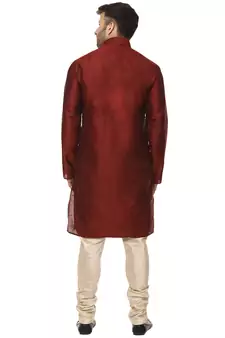 Maroon plain raw silk kurta pajama