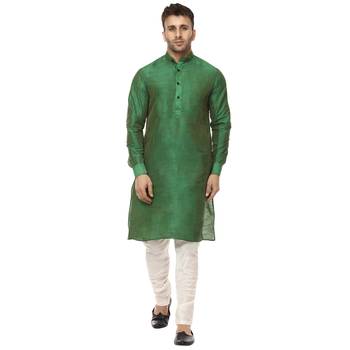 Green Plain Raw Silk Kurta Pajama 1