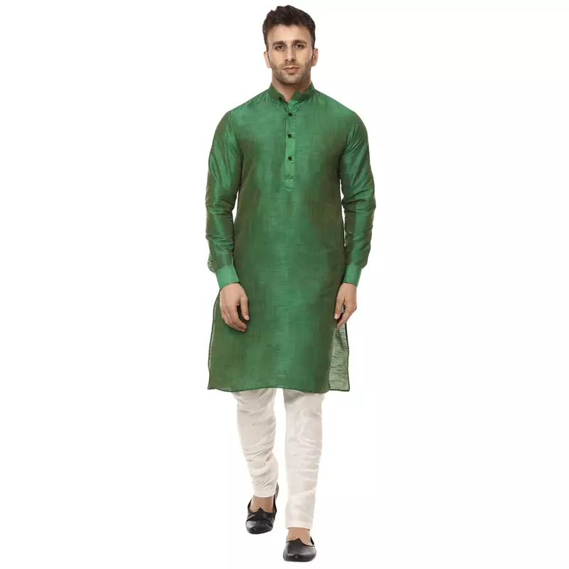 Green Plain Raw Silk Kurta Pajama