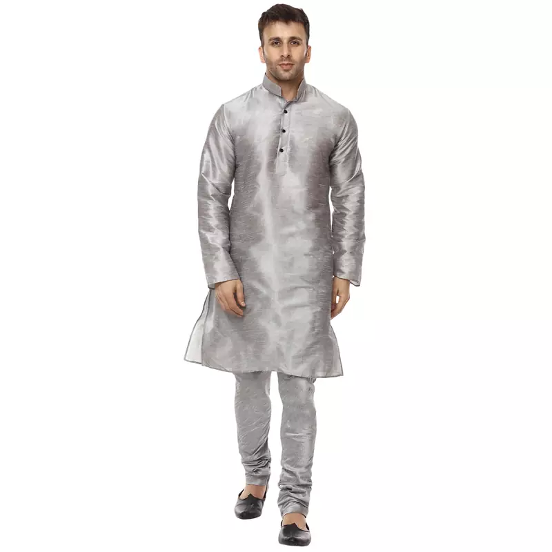 Grey Plain Raw Silk Kurta Pajama