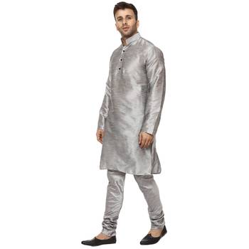 Grey Plain Raw Silk Kurta Pajama 2