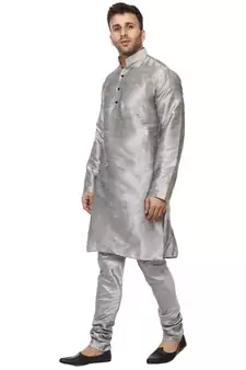 Grey Plain Raw Silk Kurta Pajama