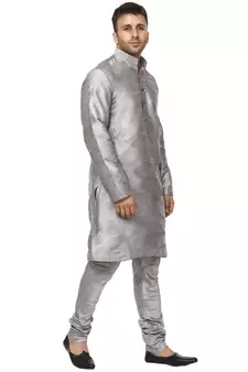 Grey Plain Raw Silk Kurta Pajama
