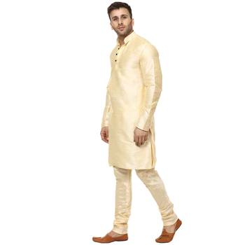 Beige Plain Raw Silk Kurta Pajama 2