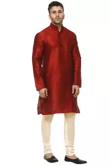 Red Plain Raw Silk Kurta Pajama