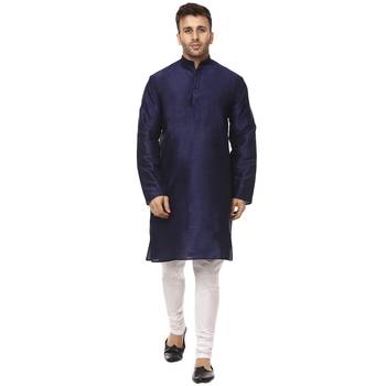 Blue Plain Raw Silk Kurta Pajama 1