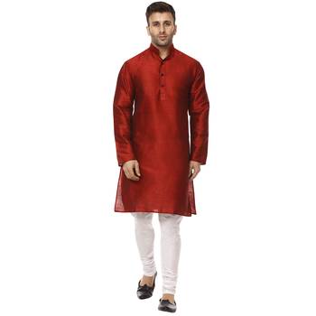 Red Raw Silk Plain Kurta Pajama 1