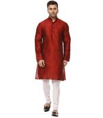 Red Raw Silk Plain Kurta Pajama