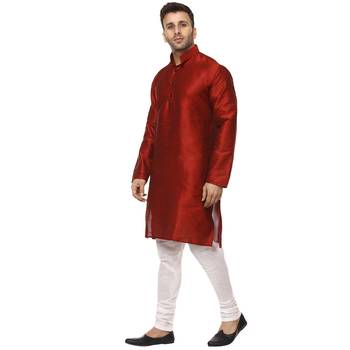 Red Raw Silk Plain Kurta Pajama 2