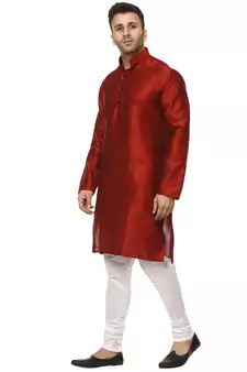 Red Raw Silk Plain Kurta Pajama