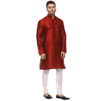 Red Raw Silk Plain Kurta Pajama 3