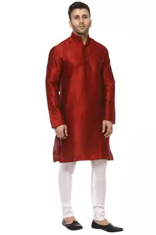 Red Raw Silk Plain Kurta Pajama