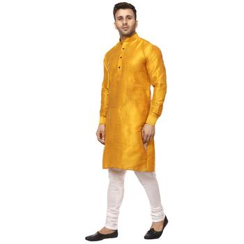 Yellow Raw Silk Plain Kurta for Men  2