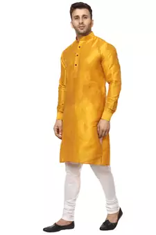 Yellow Raw Silk Plain Kurta for Men 