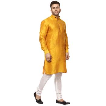 Yellow Raw Silk Plain Kurta for Men  3