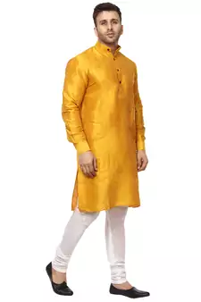 Yellow Raw Silk Plain Kurta for Men 