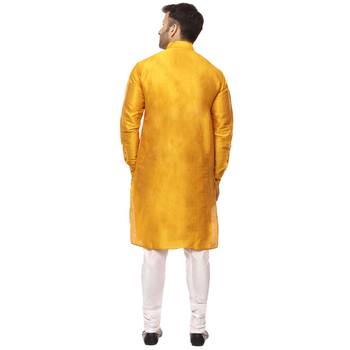 Yellow Raw Silk Plain Kurta for Men  4