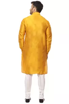Yellow Raw Silk Plain Kurta for Men 